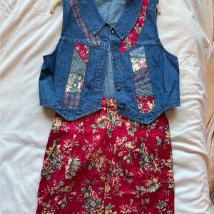 Floral Red skirt with Denim Vest